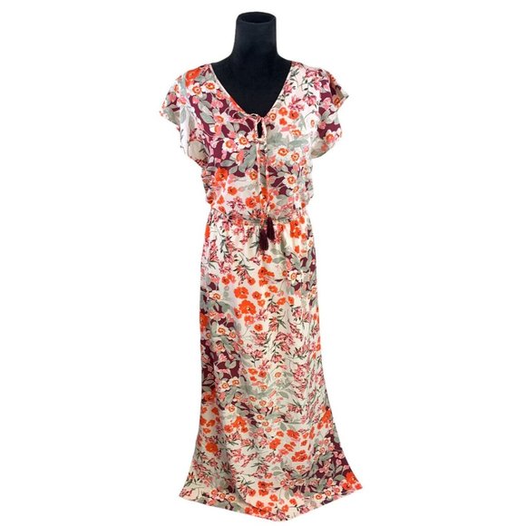 Adrianna Papell Size 2 Floral Full Length Maxi Dress Keyhole Neck Tasseled - Picture 1 of 12